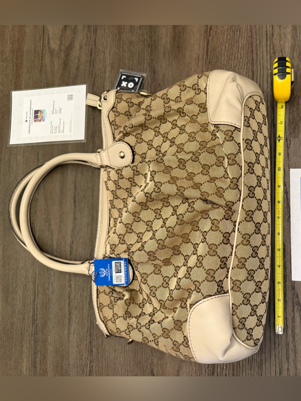 Gucci Sukey Beige & Brown GG Canvas Shoulder Crossbody Bag Cream Leather Trim